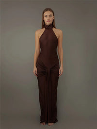 Robe de soirée longue marron dos nu - Élégance LUNEA