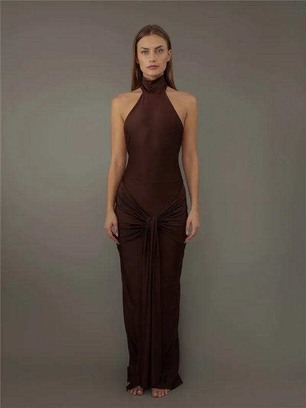 Robe de soirée longue marron dos nu - Élégance LUNEA